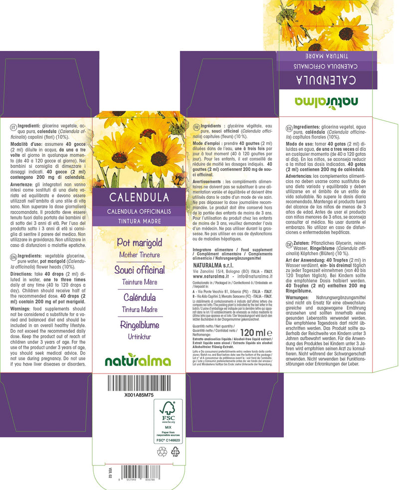 [Australia] - Pot Marigold (Calendula officinalis) Flower Heads Alcohol-Free Mother Tincture Naturalma | Liquid Extract Drops 120 ml | Food Supplement | Vegan 