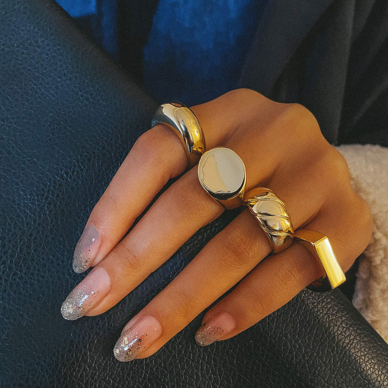 [Australia] - 17 MILE 4 PCS Gold Chunky Dome Rings Set for Women 18K Real Gold Signet Polished Round Stacking Minimalist Ring Size 6-9 