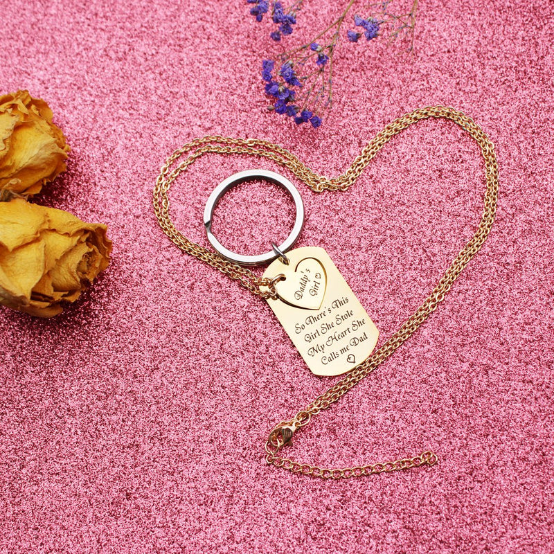 [Australia] - BRBAM Father Daughter Necklace and Keychain Set-So There's This Girl She Stole My Heart She Calls Me Dad Engraved Jewelry Sweet Gift Between Father and Daughter Gold Set 