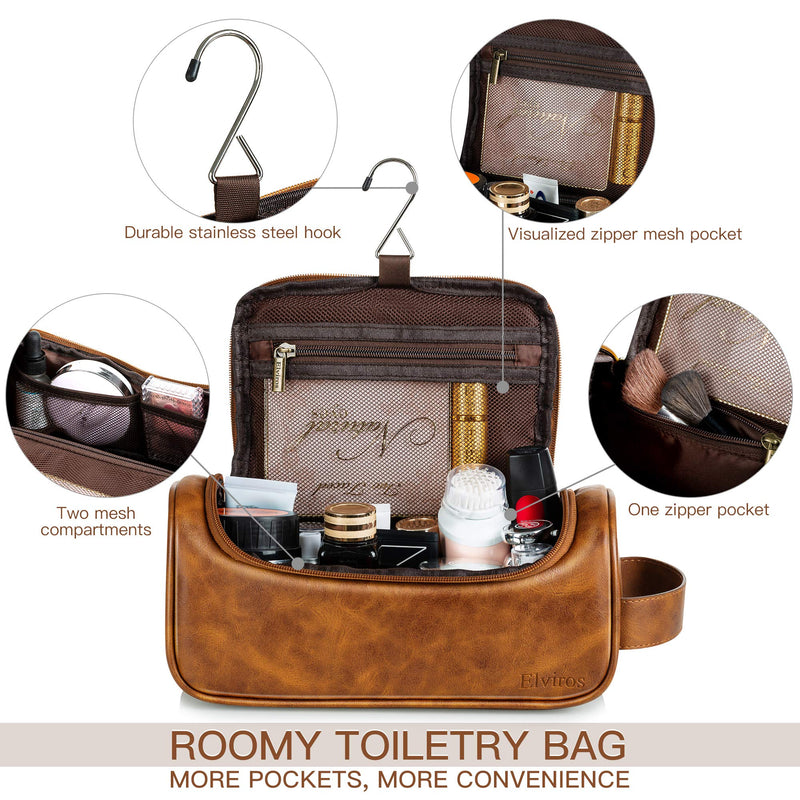 [Australia] - Elviros Water-Resistant PU Leather Toiletry Bag for Men Travel Wash Bag Shaving Dopp Kit Bathroom Gym Toiletries Makeup Organizer with Free Wet Dry Bag (Brown-Medium) Brown-medium Medium 