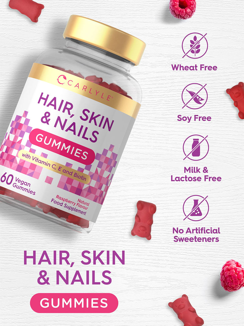 [Australia] - Hair, Skin & Nails Vegan Gummies | 5000mcg Biotin | + Vitamins A, B12, B6, C, D, E, Zinc | 60 Raspberry Gummy Bears | Natural Flavouring | No Artificial Preservatives | by Carlyle 