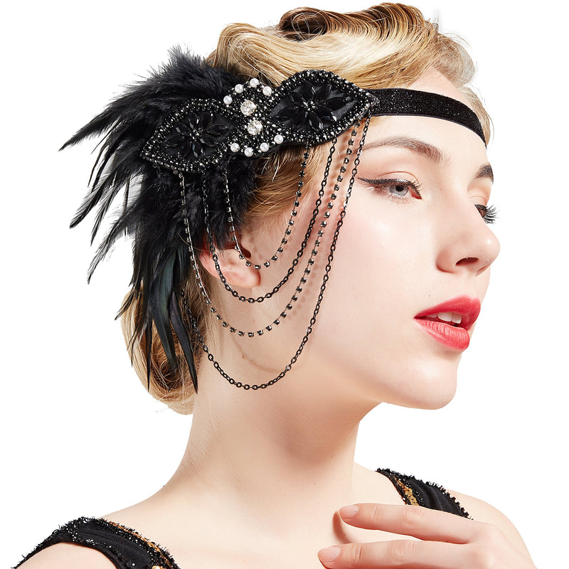 [Australia] - BABEYOND 1920s Flapper Headband 20s Great Gatsby Headpiece Black Feather Headband 1920s Flapper Gatsby Hair Accessories (Black) 