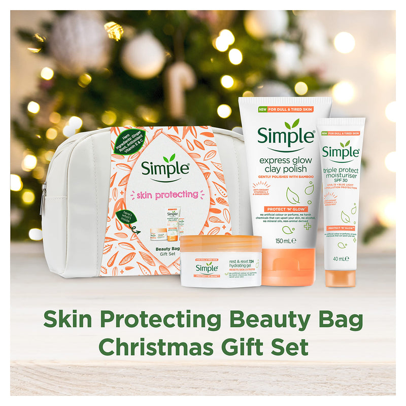 [Australia] - Simple Skin Protect & Glow Beauty Bag with Skin Care Triple Protect Moisturer SPF30 & large Beauty Wash Bag Gift Set Festive gifts for Women 3 piece 
