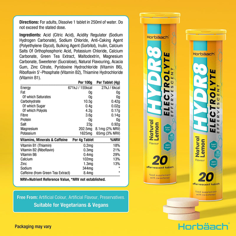 [Australia] - Hydration Tablets with Electrolytes | 2 Pack | 40 Multivitamin Effervescent Tablets | with Vitamin B1, B2, B6 and Minerals | Lemon Flavour | Vegetarian & Vegan | by Horbaach 