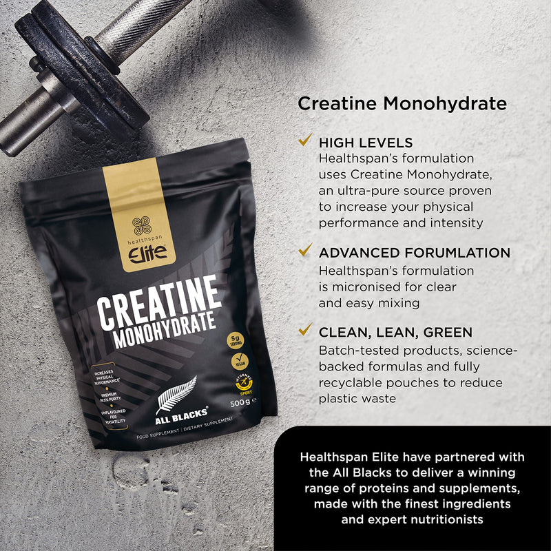 [Australia] - Healthspan Elite All Blacks Creatine Monohydrate (500g) | Increase Physical Performance & Intensity | Use During Exercise, or Pre/Post-Workout | Unflavoured | Vegan 