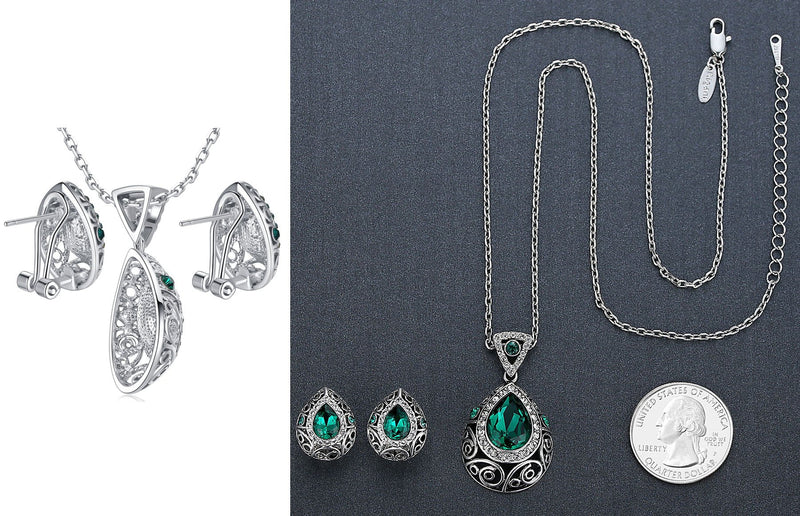 [Australia] - Leafael [Presented by Miss New York] Teardrop Filigree Vintage Style Jewelry Set Earrings Pendant Necklace Made with Premium Crystals, Silver-Tone, 18" + 2", Nickel/Lead Box Dark Green Crystal/Silver-tone Chain 