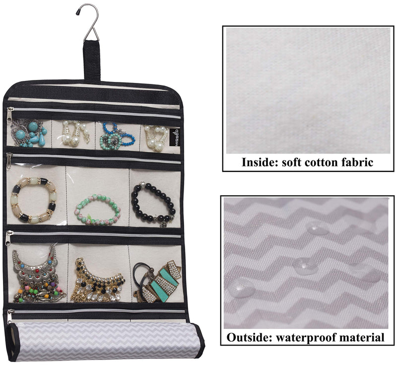 [Australia] - MISSLO Hanging Jewelry Organizer Travel Foldable Jewelry Roll Storage Case with 14 Cotton Zippered Pockets for Traveling, Closet, Suitcase 