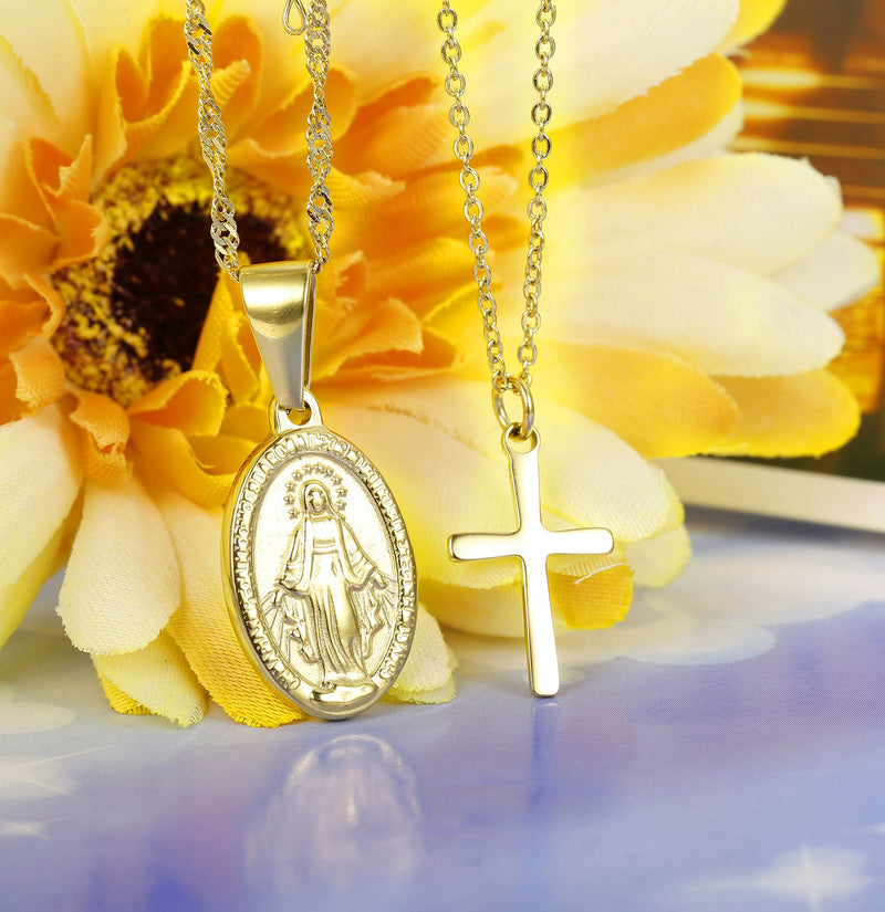 [Australia] - Finrezio 14K Gold-Plated Catholic Christian Jewelry Cross and Virgin Mary Pendant Necklace for Women Multilayer Necklace Set 