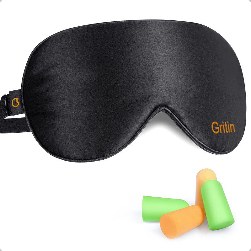 [Australia] - Silk Sleep Mask, Eye Mask, Gritin Light-Blackout Design Ultra Soft & Comfortable 100% Natural Silk Sleeping Mask Eye Blinder with Adjustable Strap and Ear Plug for Men, Women and Kids Black 