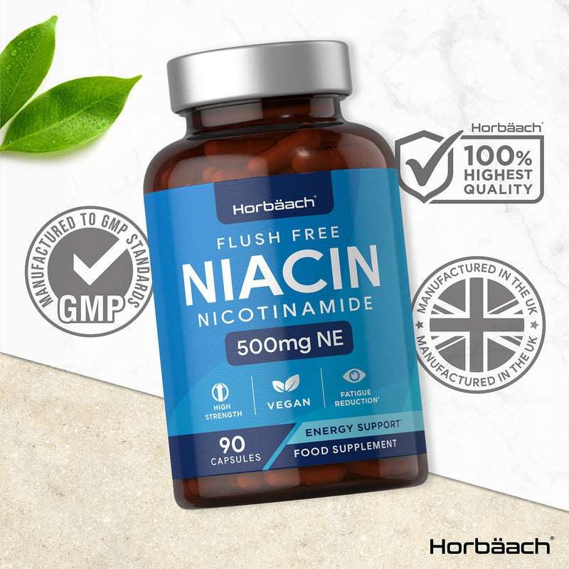 [Australia] - Vitamin B3 Niacin 500mg | 90 Vegan Capsules | Flush Free Nicotinamide Supplement | Reduction of Tiredness & Fatigue | No Artificial Preservatives | by Horbaach 