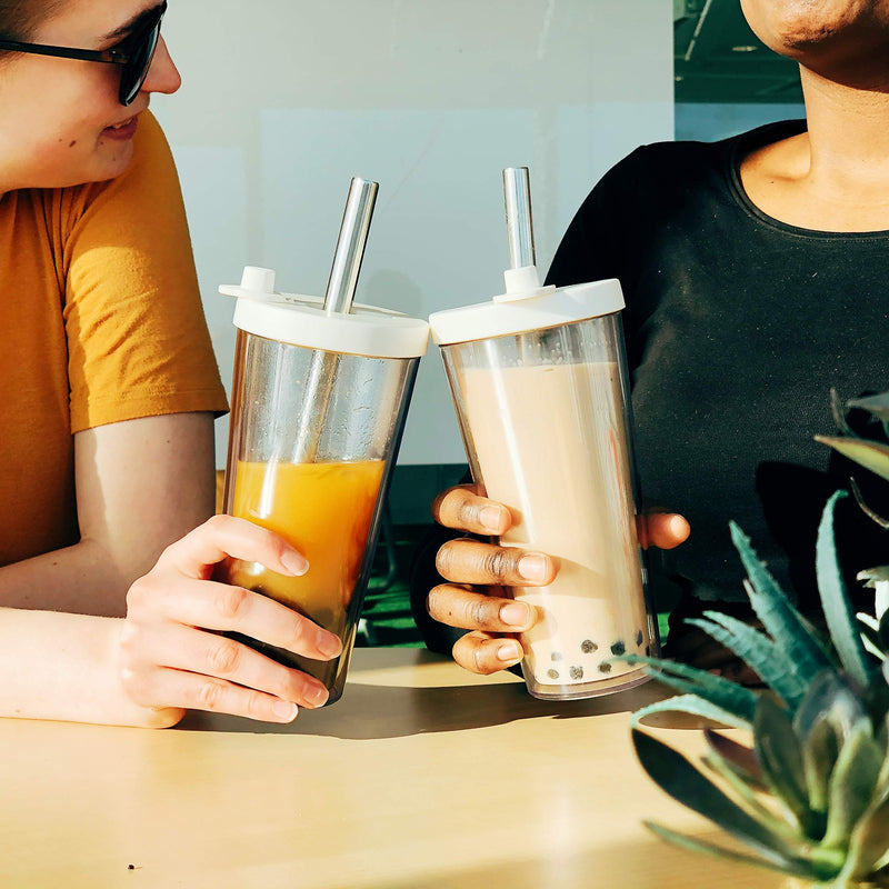 [Australia] - Reusable Boba Cup with Resealable Lid Plug - 17 Oz Double Wall Insulated | Smoothie Tumbler | Wide Stainless Steel Straw for Bubble Tea, Boba Pearls - Night Black 