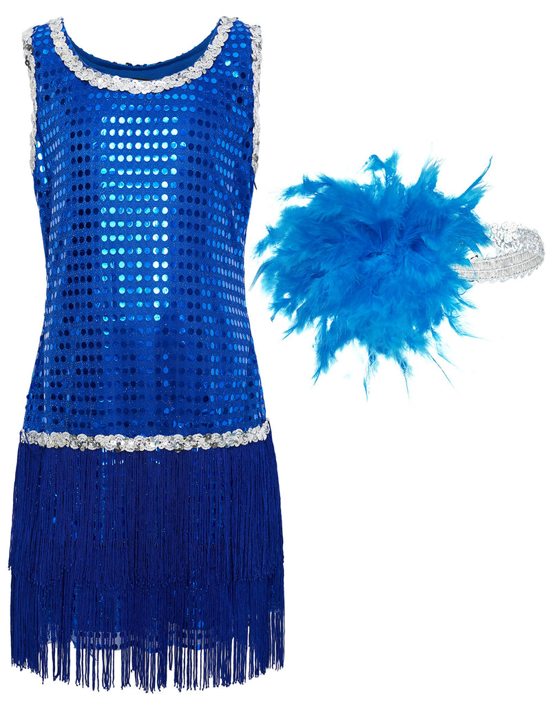 [Australia] - BABEYOND Girls 1920s Flapper Dress Headband Art Deco Gatsby Sequin Dress for Kid Blue X-Small 