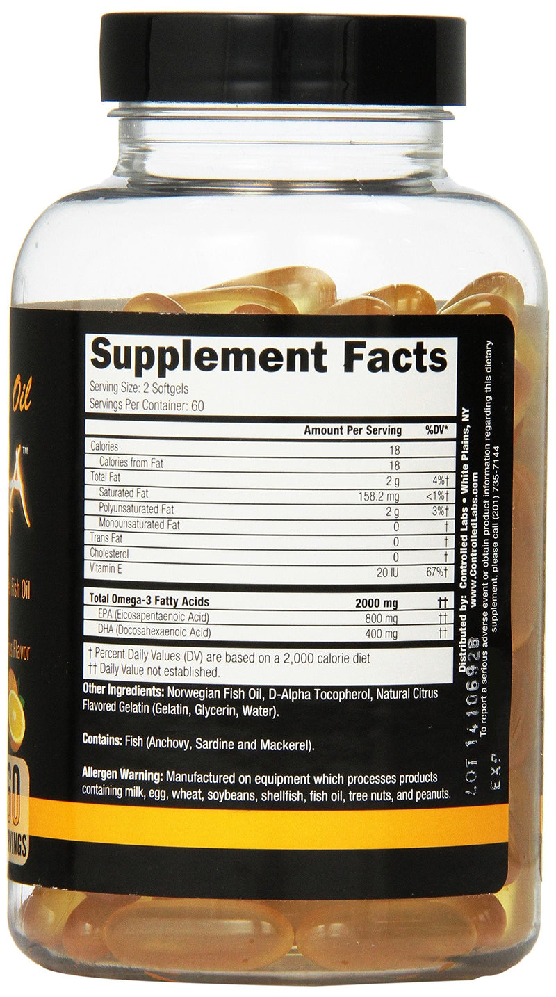 [Australia] - Orange Oximega Fish Oil Supplement 120 Softgels by Controlled Labs, EPA and DHA, 2000mg Omega- 3 Fatty Acids, Citrus-Flavor, Burpless Softgels for General Health and Cardiovascular Support 