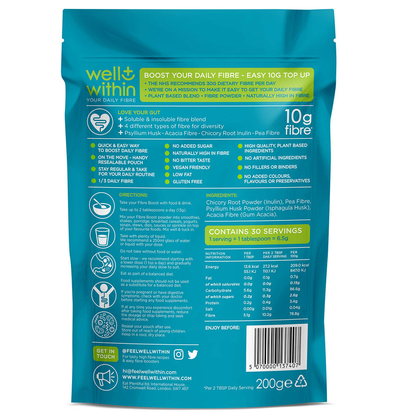 [Australia] - 10,000mg Fibre Supplement Prebiotic Powder - 10 Gram Boost = 1/3 NHS Daily Fibre Intake (200g Bag, 30 x 5g Fiber) Well Within Gut Health 4in1 Soluble + Insoluble Fibre Powder Blend. Men, Women & Kids 