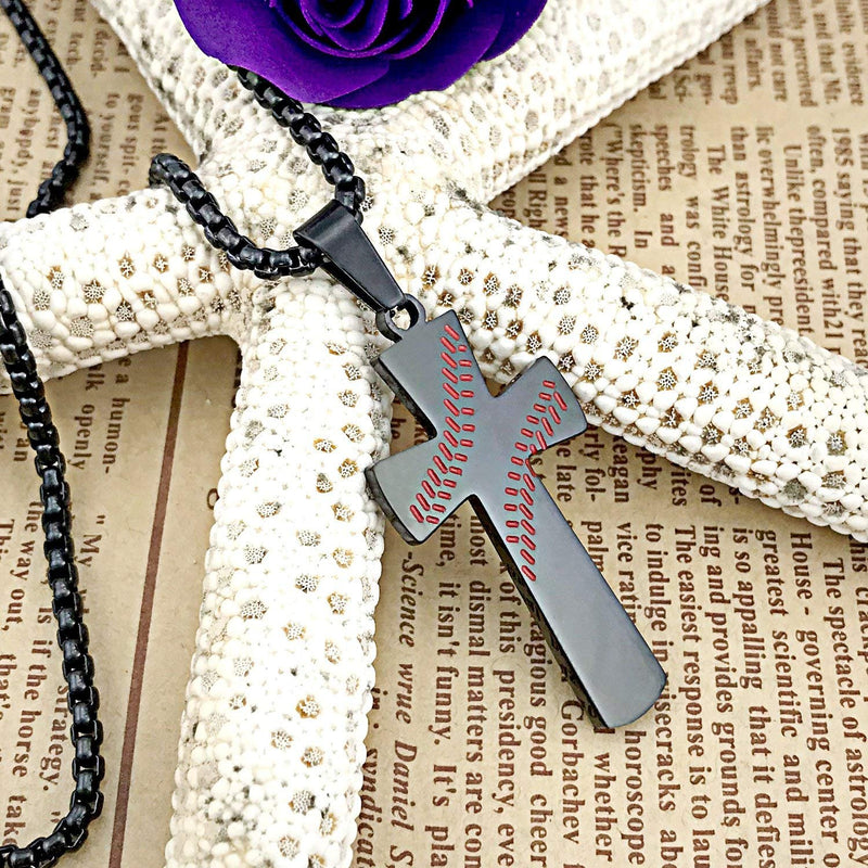 [Australia] - Boys Mens Baseball Cross Pendant Necklace 18K Gold Plated Bible Verse Stainless Steel Necklace Jewelry A-Black 