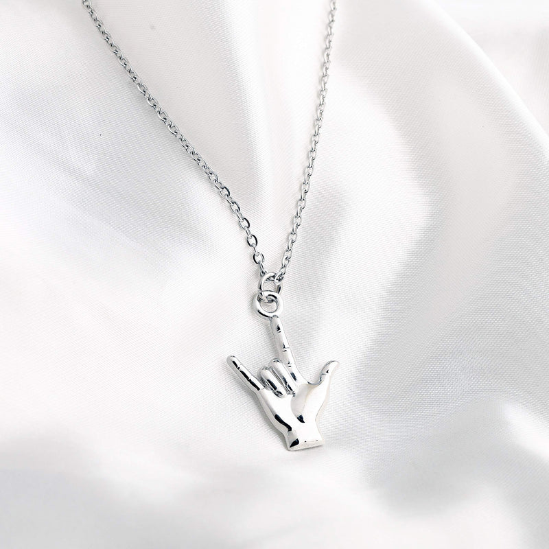 [Australia] - FUSTMW ASL Necklace I Love You Hand Sign Language Charm Pendant Necklace Sign Language Jewelry Interpreter Gift ASL Jewelry Gift for Deaf silver 