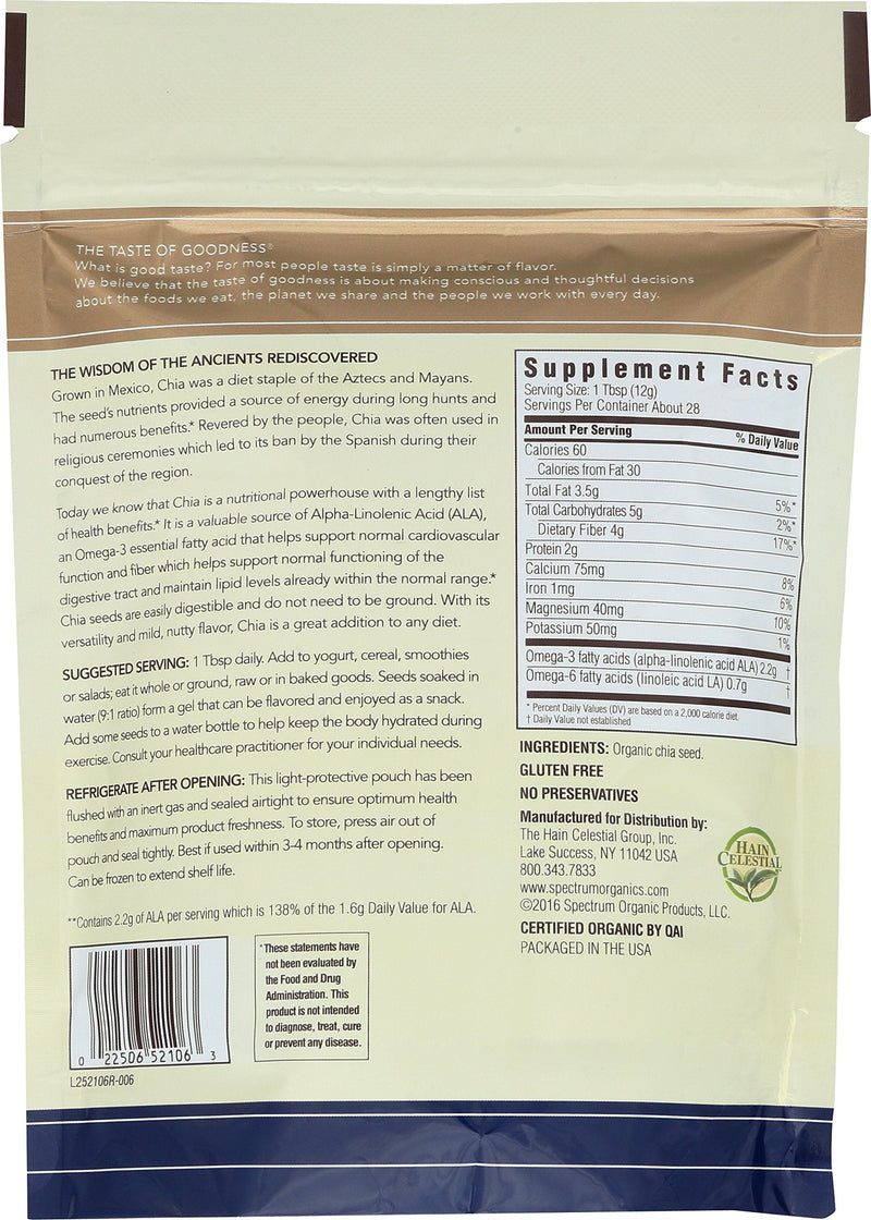 [Australia] - Spectrum Essentials Organic Chia Seed, Omega-3 & Fiber, 12 Oz Whole Chia 12 Ounce (Pack of 1) 