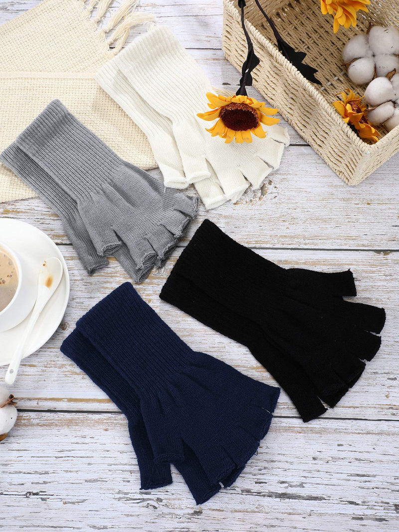 [Australia] - 4 Pairs Long Fingerless Gloves Knitted Arm Warmers Winter Long Half Finger Mittens for Kids Black+white+gray+navy Blue for 6-10 Years Old 