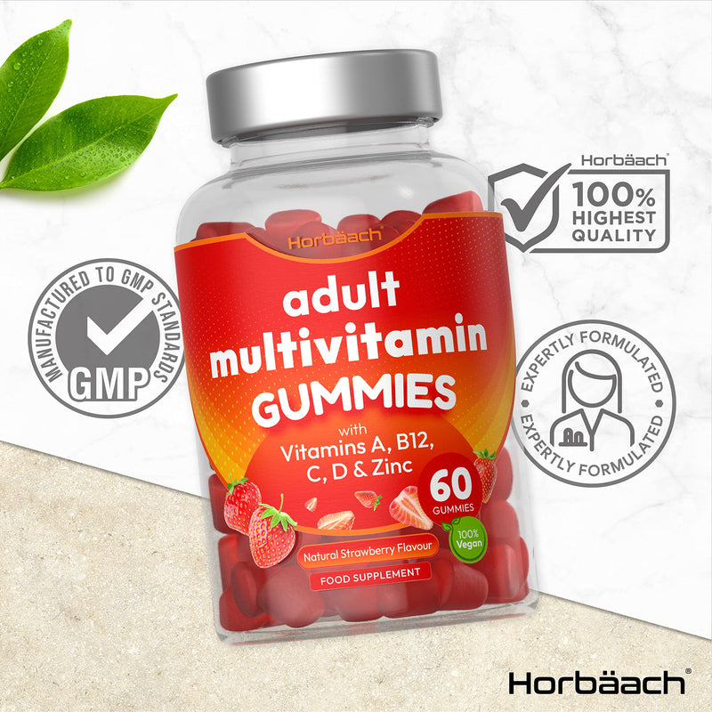 [Australia] - Multivitamin Gummies for Adults | 60 Count | 14 Essential Nutrients | with Vitamin A, B12, C, D & Zinc | Natural Strawberry Flavour | by Horbaach 60 Count (Pack of 1) 