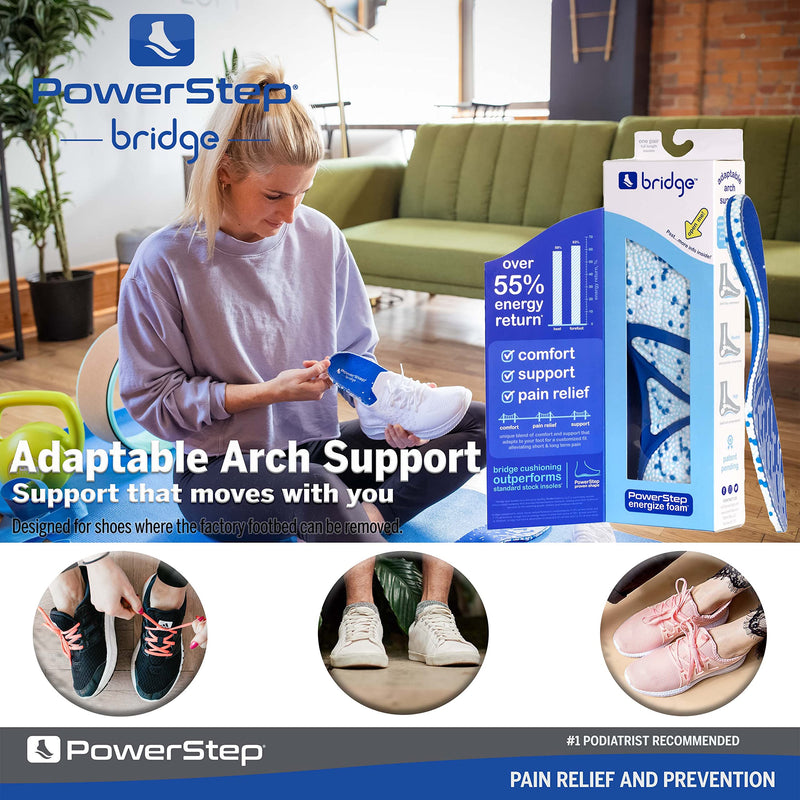 [Australia] - Powerstep Bridge Adaptable Arch Support Insoles, Comfort Memory Foam Inserts, Plantar Fasciitis Relief Men 6-7.5, Women 7-8.5 Blue & White 