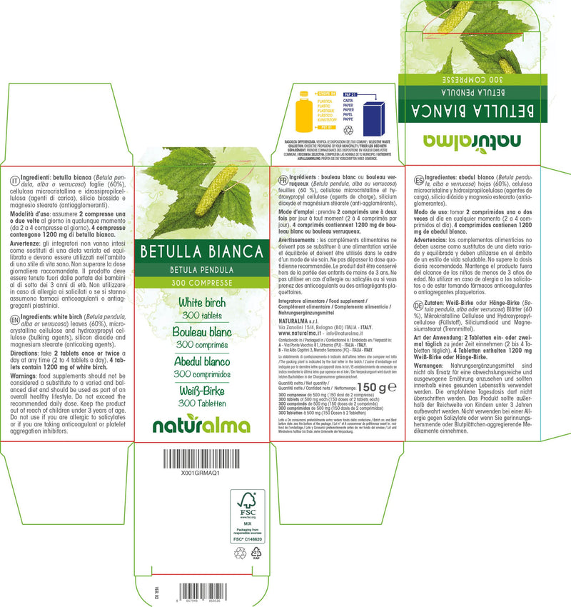 [Australia] - White Birch (Betula pendula, alba or verrucosa) Leaves NATURALMA | 150 g | 300 Tablets of 500 mg | Food Supplement | Natural and Vegan 