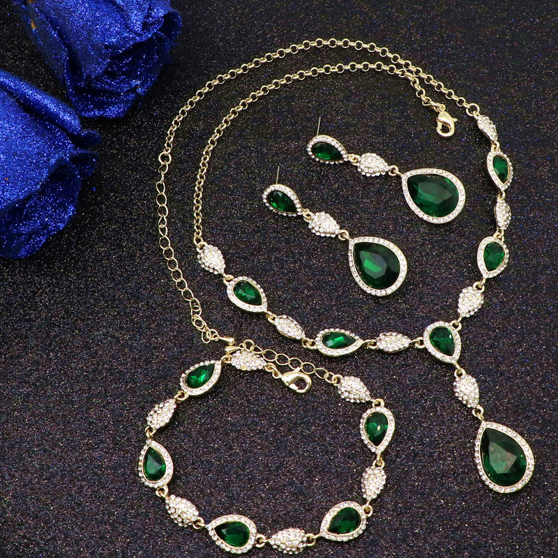 [Australia] - Scarlvambo Women's Wedding Necklace Earrings Bracelet Set V-Shaped Teardrop Austrian Crystal Green Gold-Tone 
