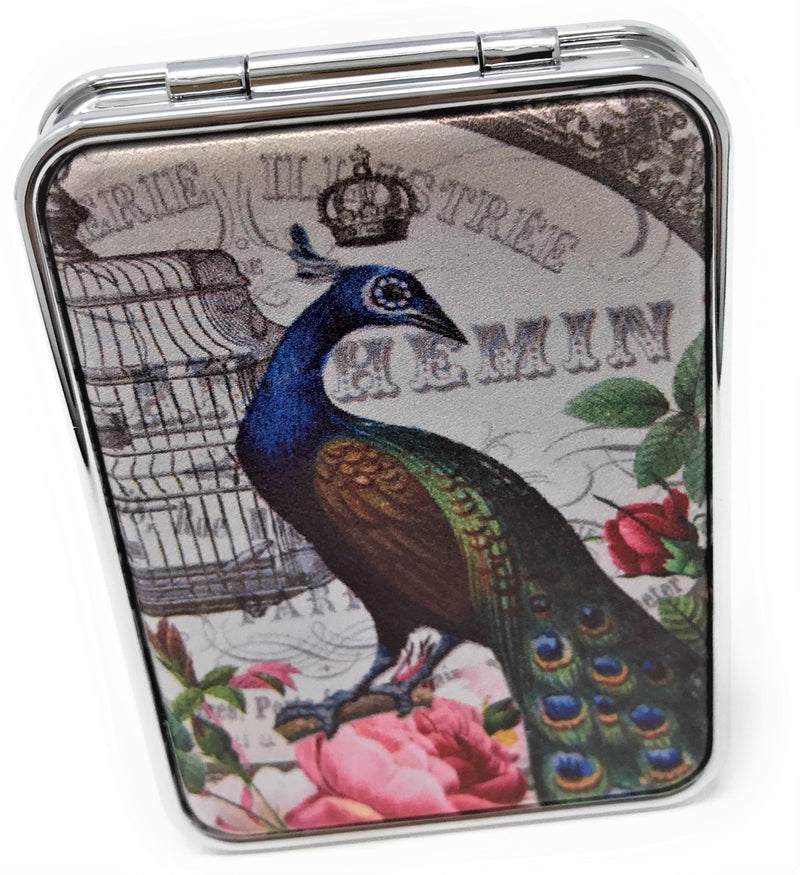 [Australia] - Value Arts French Vintage Peacock Print Purse Compact Travel Makeup Mirror and Magnification, 3 Inches Long 