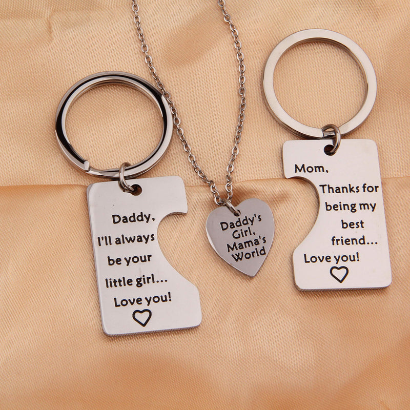 [Australia] - QIIER 3pcs Sweet Family Puzzle Pendant Set, Father Mother Keychain Jewelry,Daddy's Girl Mommy's World Necklace, Gift for Daughter Silver 