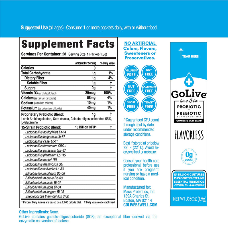 [Australia] - GoLive FLAVORLESS/SUGARLESS Synbiotic (Probiotics + Prebiotics) for Adults & Kids; +15 Billion CFUs; 15 Clinical Strains. Formulated and Recommended by MDs and RDs for Digestion, Metabolism, Immunity. Daily Essentials Unflavored 28 Count (Pack of 1) 