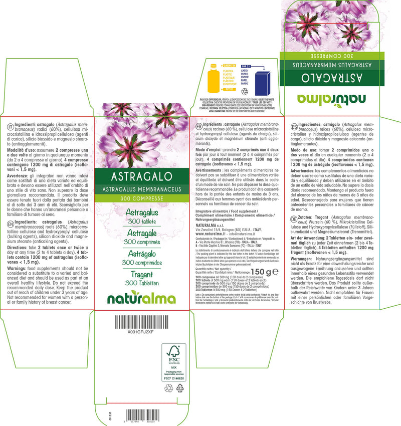 [Australia] - Astragalus (Astragalus membranaceus) Roots NATURALMA | 150 g | 300 Tablets of 500 mg | Food Supplement | Natural and Vegan 
