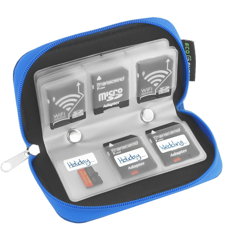 [Australia] - Eco-Fused Memory Card Case - Fits up to 22x SD, SDHC, Micro SD, Mini SD and 4X CF - Holder with 22 Slots - Microfiber Cleaning Cloth Included Blue 