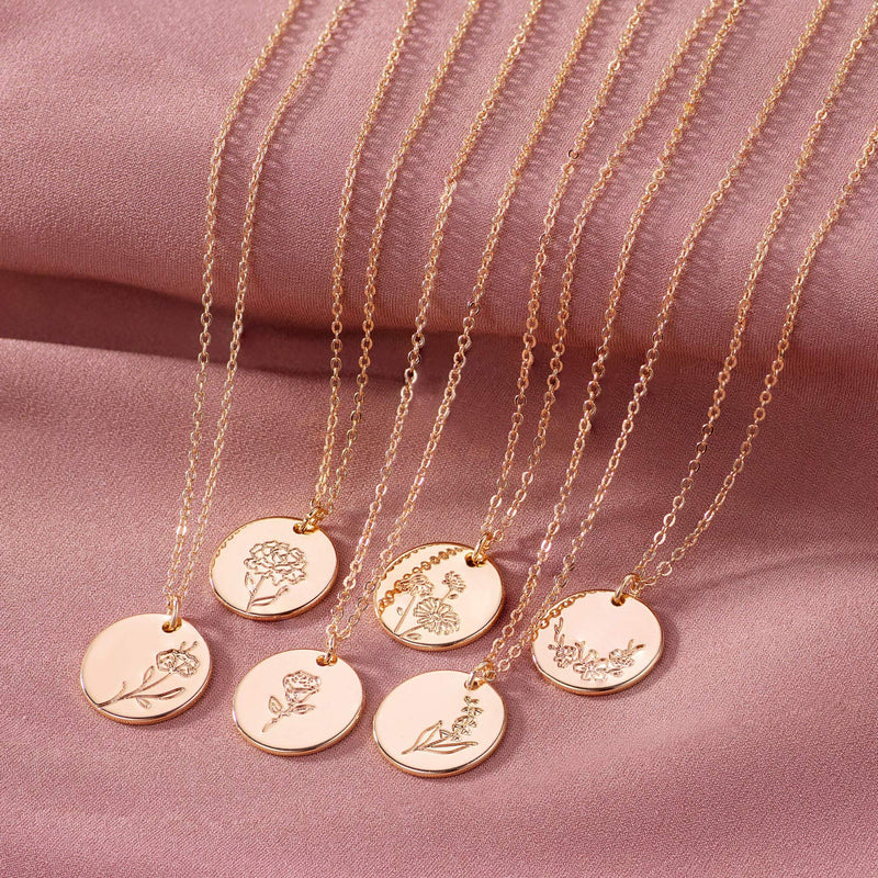 [Australia] - Mevecco Birth Flower Necklace 18k Gold Engraved Custom Floral Pendant Necklaces Dainty Birth Month Flower Disc Charm Hand Stamped Flower Disk Necklace Personalized Jewelry Birthday Gift for Her A-January - Carnation-Style A 