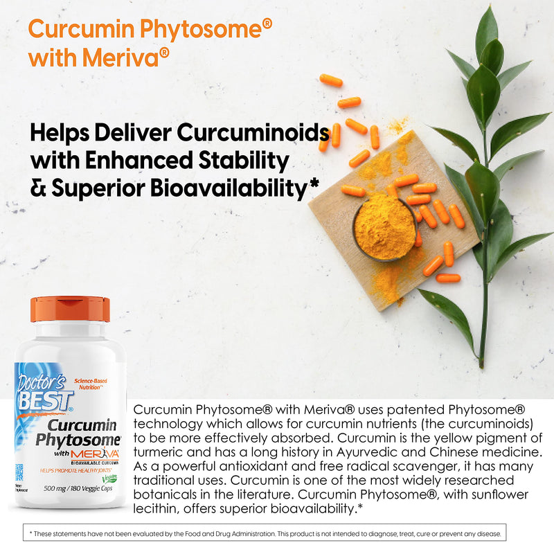 [Australia] - Doctor's Best Curcumin Phytosome with Meriva, Non-GMO, Vegan, Gluten Free, Soy Free, Joint Support, 500 mg 180 Veggie Caps (DRB-00230) 180 Count (Pack of 1) 