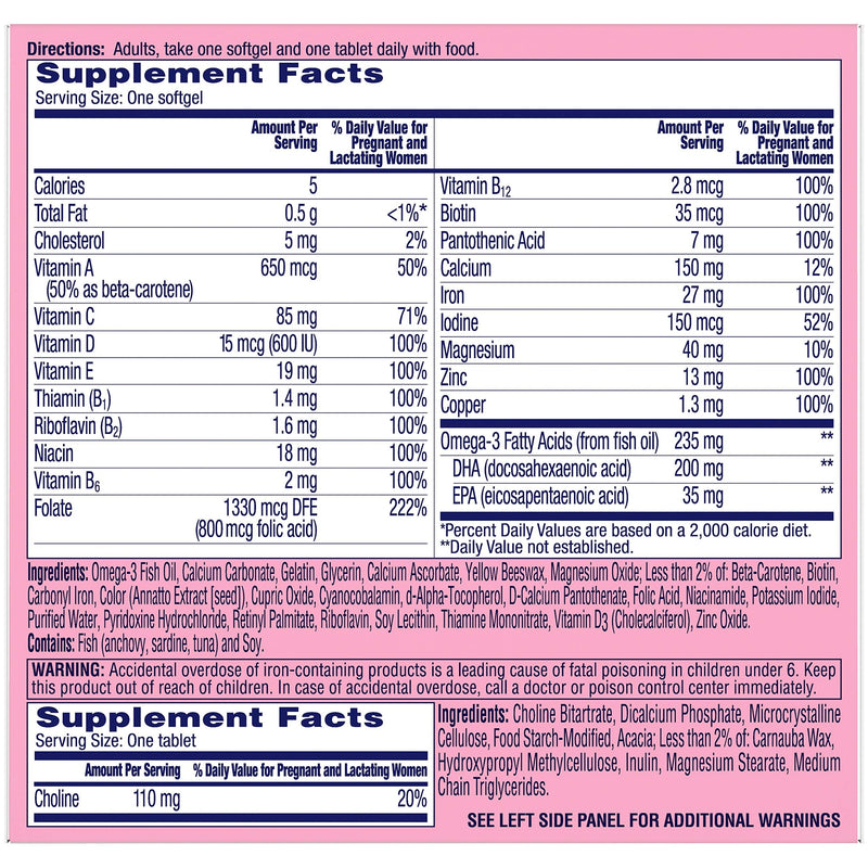 [Australia] - One A Day Womens Prenatal Advanced Complete Multivitamin with Brain Support* with Choline, Folic Acid, Omega-3 DHA & Iron for Pre, During and Post Pregnancy, 30+30 Count (60 Count Total Set) 
