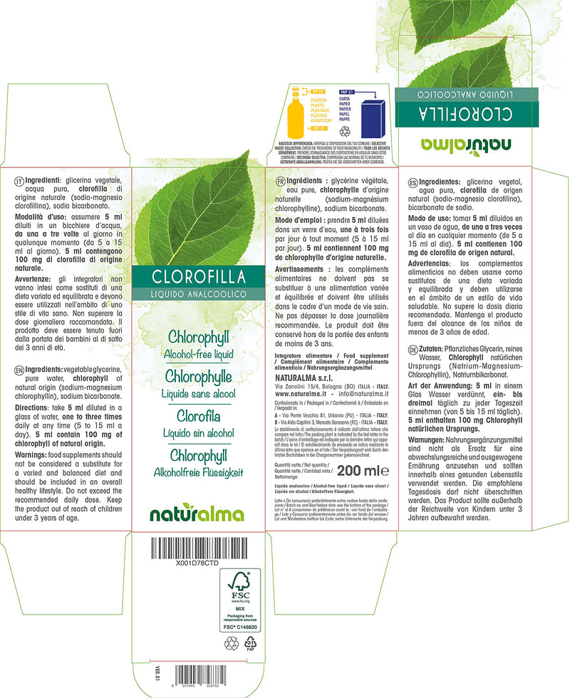 [Australia] - Chlorophyll Naturalma | Alcohol-Free Liquid 200 ml | Food Supplement |Vegan and 100% Natural 