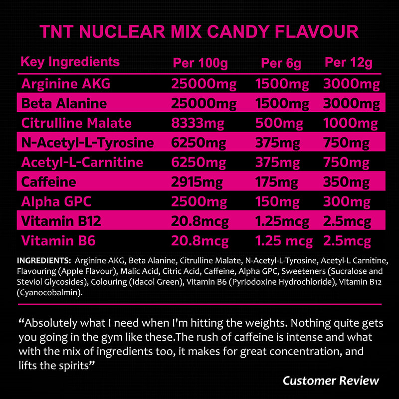 [Australia] - NXT Nutrition TNT Nuclear Pre Workout – Pre Work out Energy Drink with L-Citrulline, Beta Alanine, Arginine , 350mg Caffeine for Insane Energy, Pump, Endurance & Focus - 40 servings Mixed Candy, Vegan 