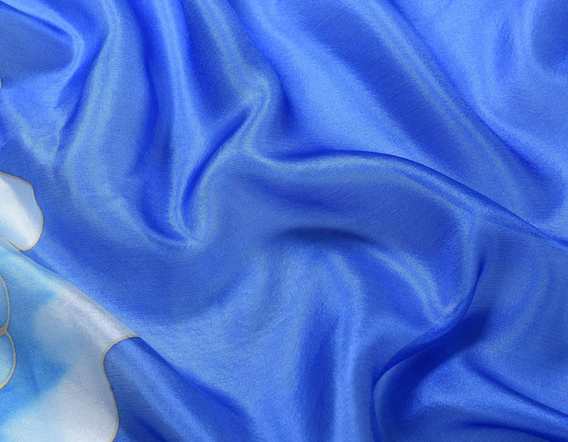 [Australia] - Invisible World Women's 100% Mulberry Silk Scarf Hand Painted Rose Peony Flower Long for Neck or Hair - Celestial Blue 
