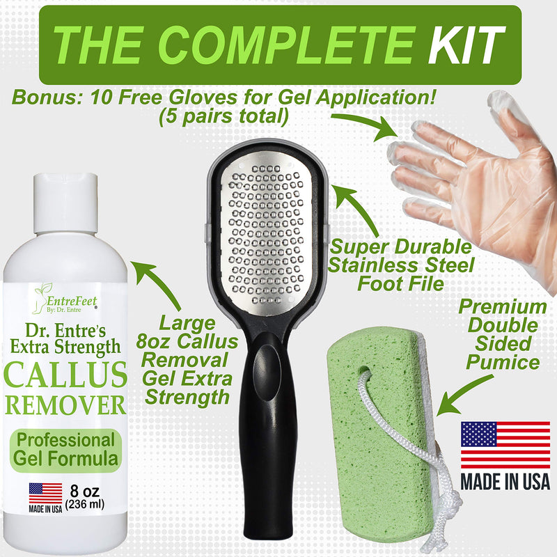 [Australia] - Dr. Entre's Callus Remover Kit for Feet: 8oz Callus Remover Gel, Foot File, Pumice Stone, 5 Glove Pairs for Gel Application, Spa Kit, Foot Care, Pedicure Tools, Scrubber 