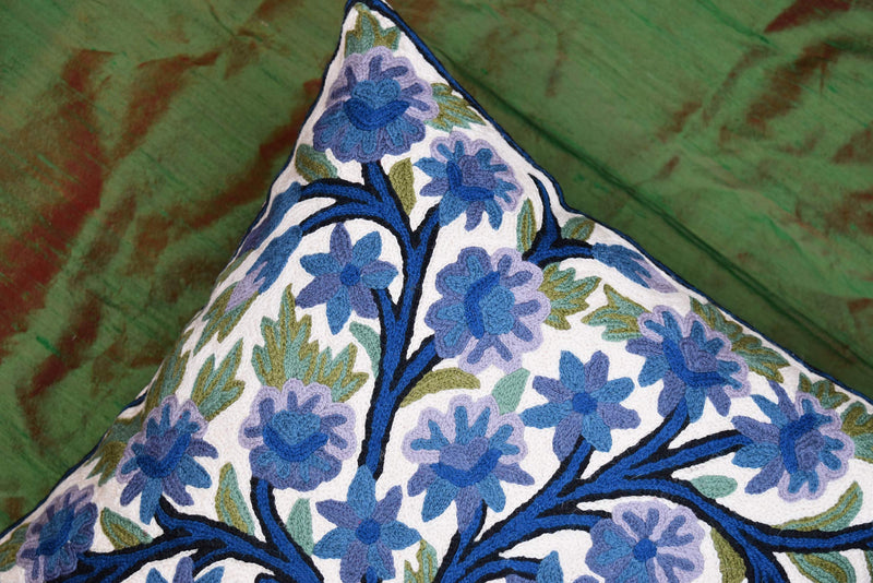 [Australia] - Kashmir Designs Tree of Life Pillow Cover | Blue Floral Pillowcase | Designer Flower Pillow |Suzani Cushions | Flower Pillows | Modern Floral Cushion Cover | Hand embroidered Cushion Wool Size - 18x18 Blue Indigo 