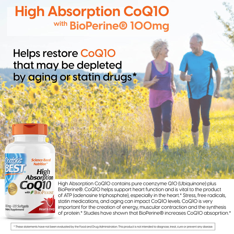 [Australia] - Doctor's Best High Absorption CoQ10 with BioPerine, Gluten Free, Naturally Fermented, Heart Health, Energy Production, 100 mg, 120 Count 