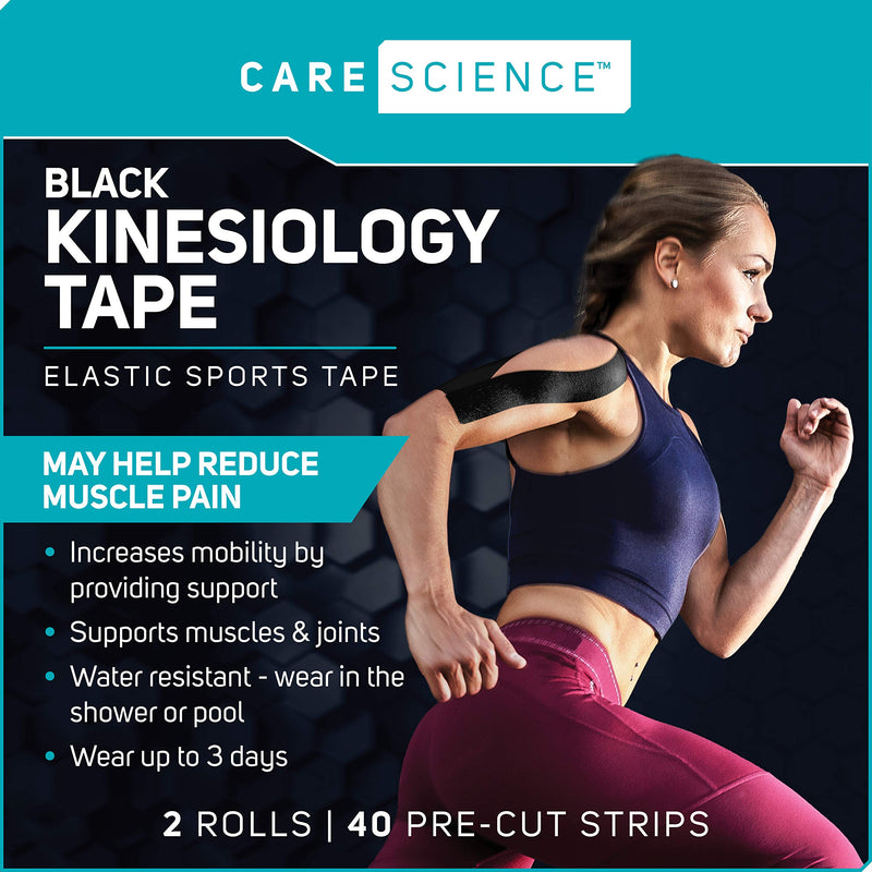 [Australia] - Care Science Waterproof Kinesiology Tape, 40 ct Precut Strips (2 Rolls), Black | Elastic Sports & Weightlifting Tape Supports Muscles & Joints. Water Resistant 