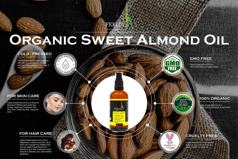 [Australia] - Feelia - Organic Sweet Almond Oil - Cold Pressed, Rich in Vitamins A, E, Zinc & Omega 3, Fast Absorbing, 100% Pure & Organic (100ml) 100 ml (Pack of 1) 