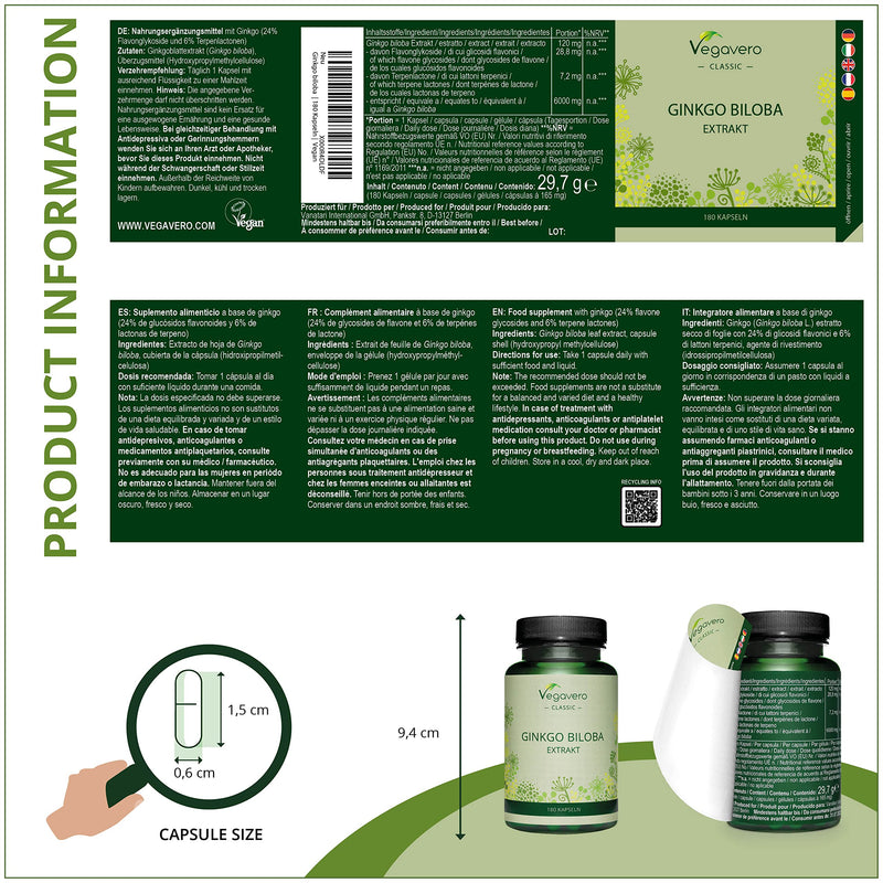 [Australia] - Ginkgo Biloba 6000mg Vegavero® | High Strength 50:1 Extract | 6 Month Supply - 180 Vegan Capsules | 24% Glycosides | NO Additives 