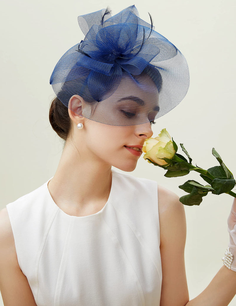 [Australia] - BABEYOND Fascinator Headband Veil Feather Fascinator Hair Clip Tea Party Pillbox Derby Hat Fascinator Bridal Wedding Veil Navy Blue 