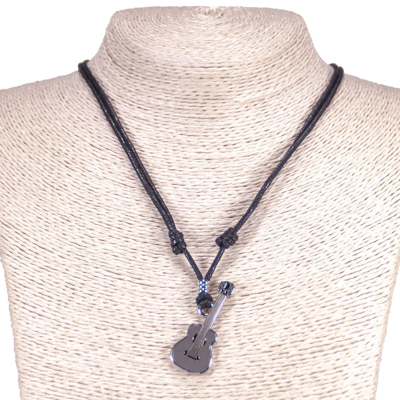 [Australia] - BlueRica Guitar Pendant on Adjustable Black Rope Cord Necklace (Chrome Finish) 