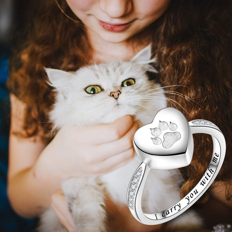 [Australia] - Fookduoduo 925 Sterling Silver Paw Print Urn for Ashes I Carry You with me Cremation Jewelry Dog Cat Claw Urn Finger Ring for Pet Lovers 6.5 
