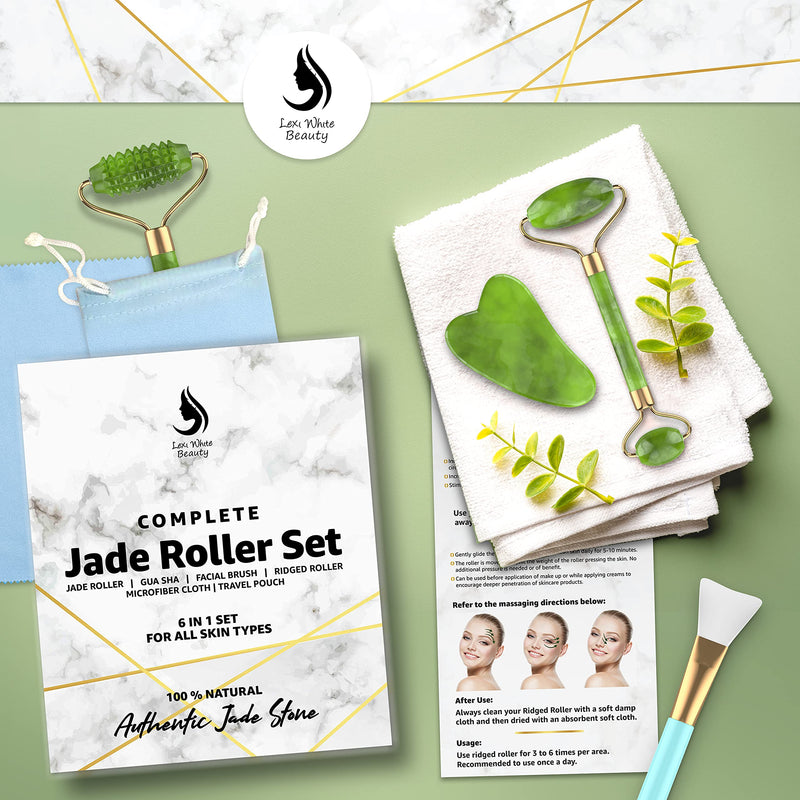 [Australia] - Gua Sha Massage Tool - Jade Roller Face Roller Stone Guasha 6 in 1 Face Massager Set for Face, Jade Facial Roller | Silicone Makeup Brush Eye Roller Massager | For Face Made From Real Jade | Ice Massager, Eye Puffiness Relief With Travel Pouch, Qua Sha... 