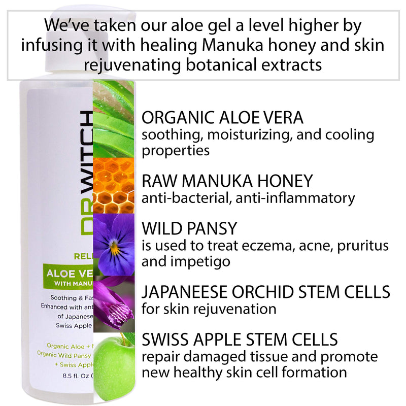 [Australia] - Organic Aloe Vera Gel with Manuka Honey & Swiss Apple Stem Cell for Face, Body - After Sun Care, Sunburn, Rashes, Eczema, Dry Damaged Skin, Acne Treatment (8 oz) 8 Ounce 