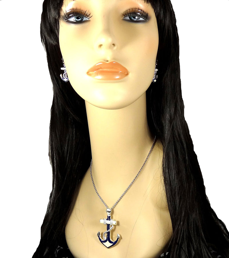 [Australia] - DianaL Boutique Silvertone Nautical Anchor Pendant Necklace and Earring Set 24" Chain 