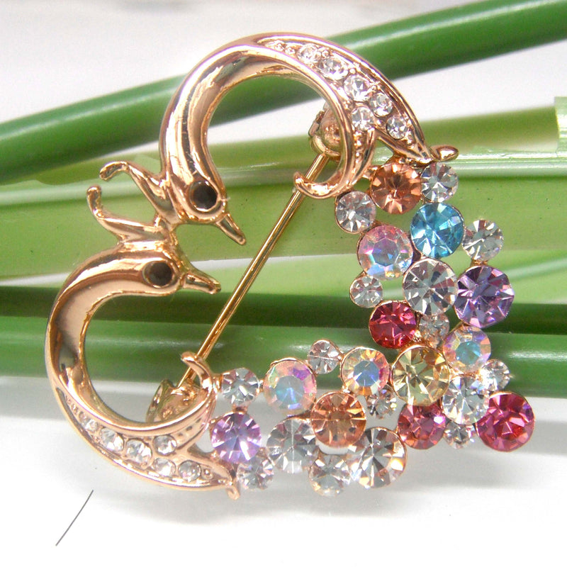 [Australia] - Navachi 18k Gold Plated Colorful Crystal Double Peacock Peahen Az7493b Brooch pin 